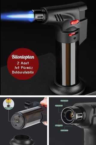 2 Adet Pürmüz Doldurulabilir Çakmak 1300 C Torch Depolu Orta Boy Siyah