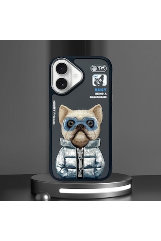 Apple Uyumlu iPhone 16 3d Gerçek Nakış İşleme Gözlük Ve Fermuar Detaylı Bulldog Telefon Kılıfı Şeffaf