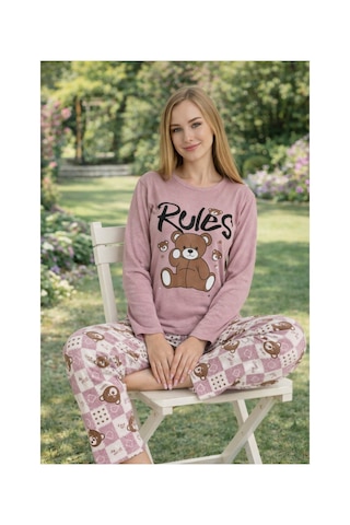 Rindahomewear Kadın Rules Ayıcık Baskılı Süprem Uzun Kol Pijama Takımı Murdum1