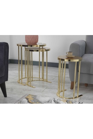 Premium Zigon Sehpa & Yan Sehpa 3'lü Yuvarlak Sehpa Hıgh Gloos Mdf Altın Yuvarlak