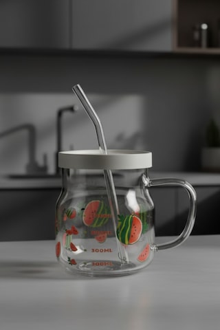 Karpuz Desenli Cam Pipetli Borosilikat Cam Kupa 610 Ml Beyaz