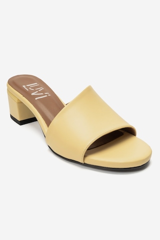 Luvi Shoes Delavıe Sarı Cilt Hakiki Deri Kadın Kalın Topuklu Terlik