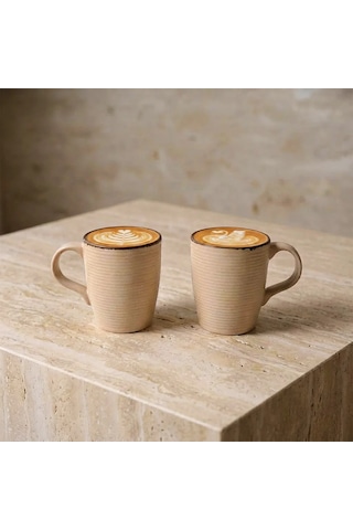 Güral Bej Rölyef Desenli 2li Porselen Mug Bardak Seti Diğer
