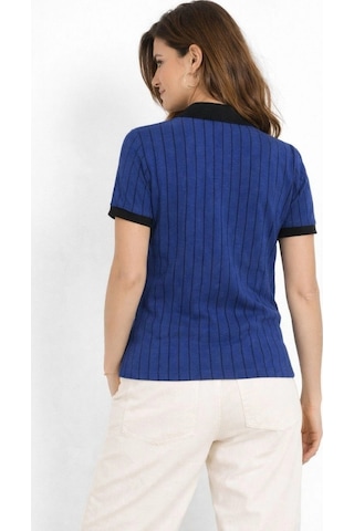 Wear Vexel Kadın Polo Yaka Çizgili Tişört Kısa Kol Düğmeli Yazlık T-shirt - Saks Mavisi Saks Mavisi