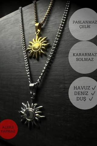 Güneş Charmlı Düz Model Çelik Zincir Çift Kolyesi Eclipse Serisi Altın - Gümüş