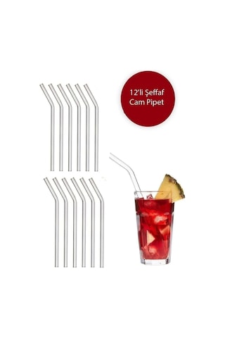12 Adet Şeffaf Cam Eğimli Pipet - Cam Pipet 12'li