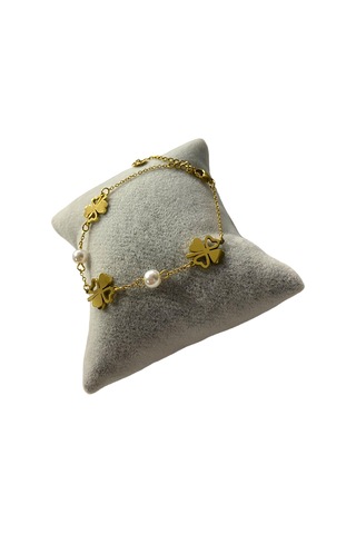 Çelik Yonca İnci Detaylı Altın Renk Kararmaz Bayan Bileklik Çelik