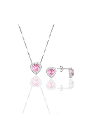 Gümüş Rodyumlu Pembe Taşlı Pırlanta Modeli Kalp İkili Set