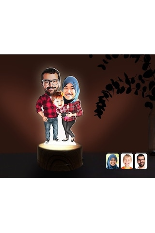 Kişiye Özel Tesettürlü Aile Karikatürlü Dekoratif 3D Biblo Led Iş (483006964)