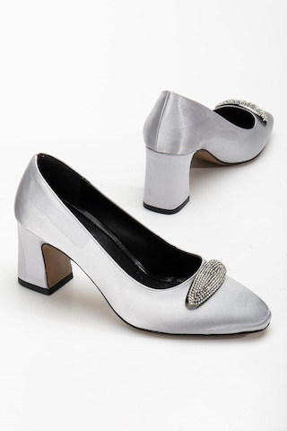 Kadın Siletto Topuklu Ayakkabı Gümüş Saten Taşlı Kalın Topuklu-4168 GUMUS