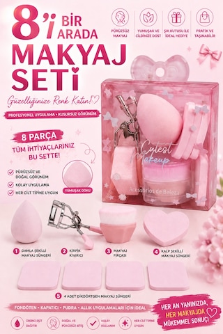 8 Parça Pembe Makyaj Süngeri, Fırçası Ve Kirpik Kıvırıcı Seti