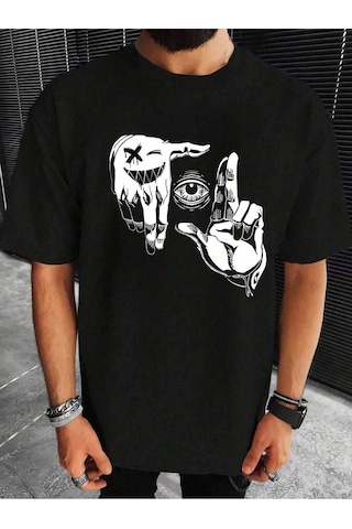 El Göz T-shirt - Siyah Baskılı Oversize Bisiklet Yaka Kısa Kol Tişört Siyah