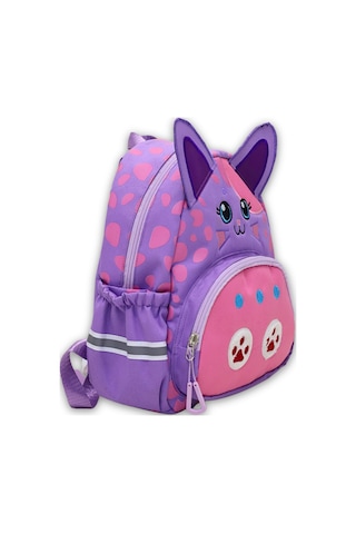 Anaokulu Kız Çocuk Sırt Çantası Sevimli Kedi Figürlü Mor Pembe Desenli