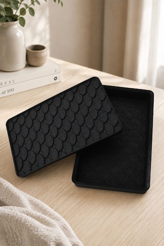 Desenli Kapaklı Dekoratif Kutu Masa Üstü Organizer Takı Aksesuar Saklama Kutusu Pla 20x12.5 Cm Siyah