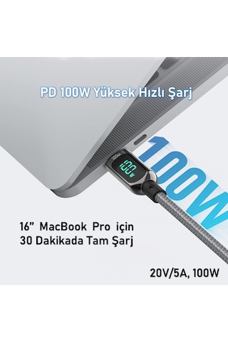 SooPii S10CC PD 100W Led Ekranlı Type-C to Type-C Data Şarj Kablosu