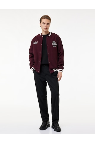 Koton İşlemeli Çizgi Detaylı Çıtçıt Düğmeli Cepli Bomber Ceket Bordo 6wam50028mk Bordo