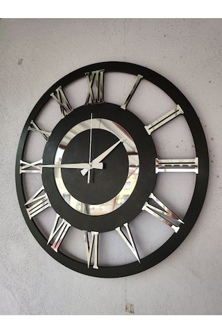 Siyah Renk Gümüş Sayılı Hediyelik Ahşap Dekoratif Ev Hediyelik Duvar Saati 50cm Gümüş