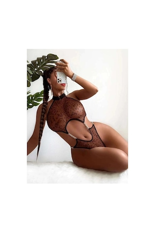 Ang Butik Kadın Leopar Desen Zincirli Kahverengi Babydoll