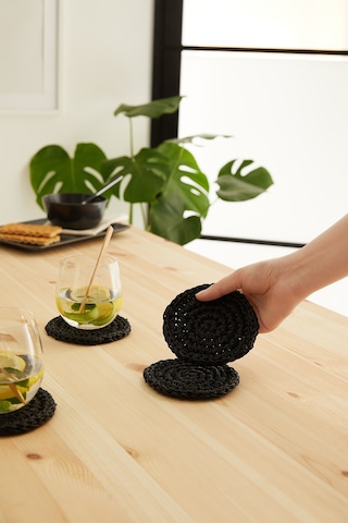 Ocean Home Textile 4'lü Siyah Renk Rafya Bardak Altlığı Ø 11 cm