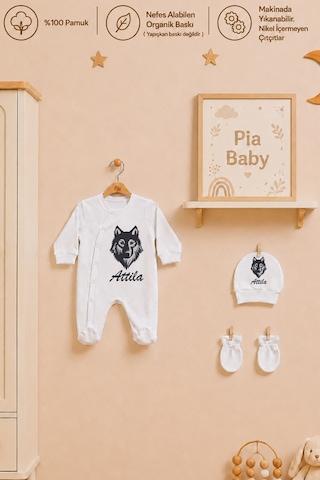 Pia Baby İsme Özel Erkek Bebek Tulum %100 Pamuk Organik Baskılı İsimli Bebek Tulumu Ham Bez Kıyafet Kesesi Bebek Hediye Seti 2016tk0x Krem