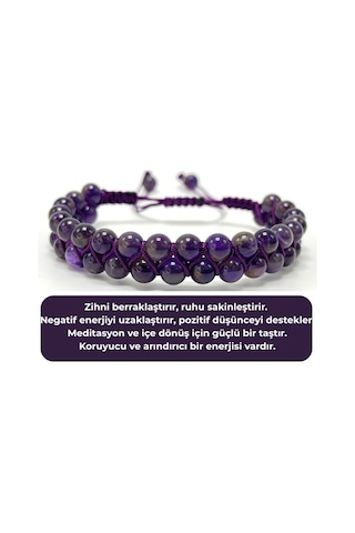 Sertifikalı Ametist Çift Sıra Doğal Taş Makrome Bileklik Ayarlanabilir Ölçü Mor