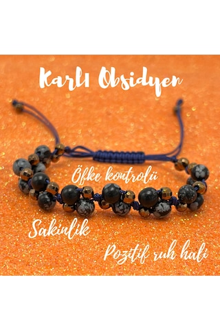 Yıldız Doğal Taş 6mm Ipli Karlı Obsidyen Ayarlanabilir Ölçü Doğal Taş Bileklik Siyah