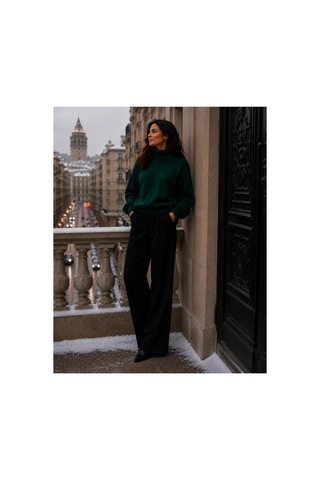 Hira Life Fashion Sfg Life Moda Kadın Balıkçı Yaka Tüylü Şardonlu Oversize Kazak Zümrüt Zümrüt