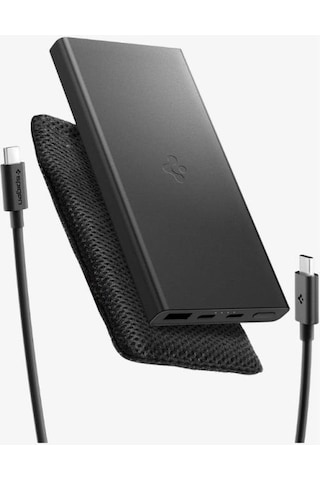 Spigen 10000 Mah Slim Alüminyum Kasa 22,5w Usb-c + Usb-a Giriş / Çıkış Hızlı Şarj 3 Portlu Powerbank / 1 Metre Type-c Harici Kablolu Taşınabilir Şarj Cihazı + Taşıma Çantası Ea2210 Black Siyah