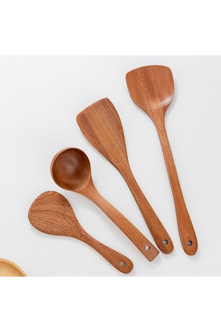 Yuntech01 Ev Kullanıma Uygun Ahşap Ocak Gereci Seti 4 Parça - Dayanıklı Gül Ağacı, Teflon Tava Uyumlu, Ergonomik Kucharka Ve Pişirme Araçları