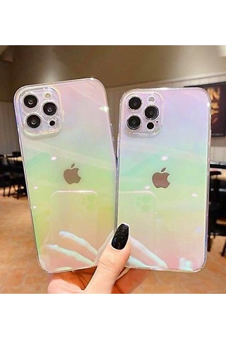 Apple Uyumlu iPhone 11 Pro Max Parlak Rainbow Holografik Kamera Korumalı Sert Kılıf