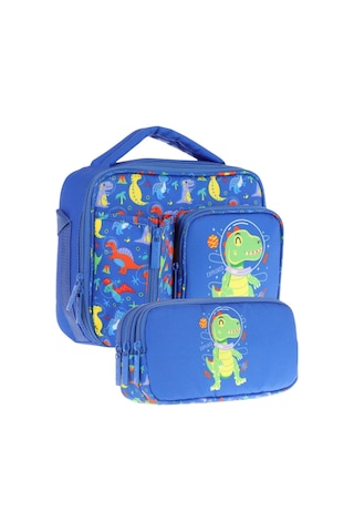 Kaukko Kids Erkek Çocuk Mavi Yeşil Dinazor Baskılı Üç Bölmeli Thermo Beslenme Çantası Ve Kalemlik Seti L7262+l8262 MAvi
