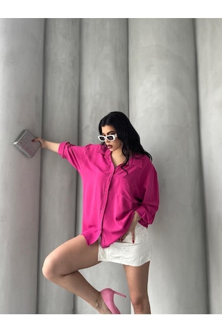 Paw Garage Kadın Flory Ayrobin Oversize Tek Cep Gömlek Pembe