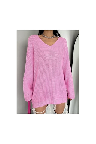 Fiolin Kadın Pembe V Yaka Selanik Örgü Oversize Triko Kazak