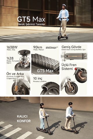 Gt5 Max Elektrikli Scooter - 1638 Güç, 28 Eğim, Çift Süspansiyon, 130 Kg Taşıma Kapasitesi, Tcs, Find My Siyah