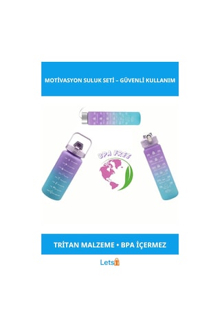 Motivasyonel Su Matarası Seti 300ml, 750ml Ve 2000ml Renkli Tritan Çok Renkli