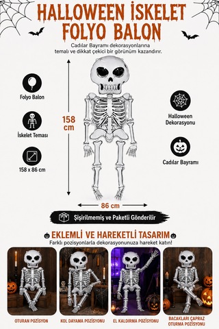 Halloween Folyo Balon İskelet 158x86 Cm Cadılar Bayramı Parti Süsü Büyük Boy Dekorasyon Balonu Çok Renkli