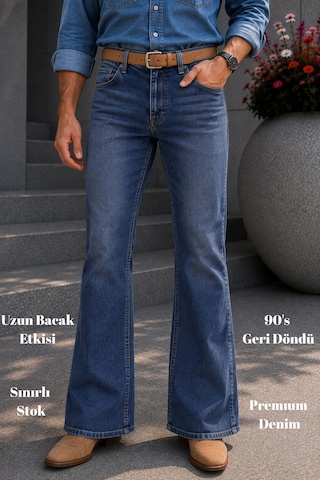 Cedy Denim Cedy Denım Premium Seri: Erkek Retro Flare Bootcut Jean - Geniş Paça Taşlanmış Denim Pantolon C370 Açık Mavi