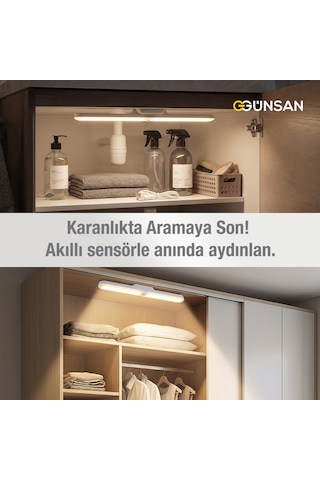 Günsan Şarjlı Mıknatıslı Hareket Sensörlü Led Lamba - Dolap İçi, Mutfak, Kitaplık, Tezgah Altı Aydınlatma - 3 Renk Modu - Dim Edilebilir - Işık Hafızalı Çok Renkli