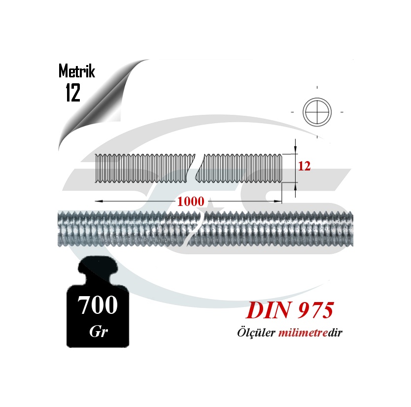 Paslanmaz Çelik Metrik 12 Gijon ( Inox A2 Saplama Tij ) 1 Mt. Boy