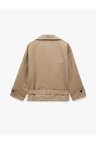 Koton Uzun Kollu Cepli Kemerli Düğmeli Kruvaze Dik Yaka Gabardin Kısa Oversize Trençkot Vizon 7wak00157ew