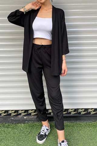 Trend Alisse Paçası Pensli Bürümcük Kimono Kadın Alt Üst Takım Siyah