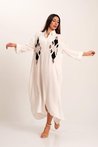 Kadın Beyaz Önü Pul Payet Aplike Nakışlı Kolu Apoletli Uzun Gömlek Elbise-beyaz Beyaz