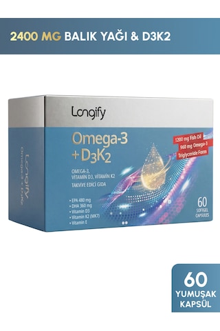 Omega 3 + D3k2, Balık Yağı, Epa, Dha, Vitamin D3, Vitamin K2 Mk7 , Vitamin E, 60 Yumuşak Kapsül
