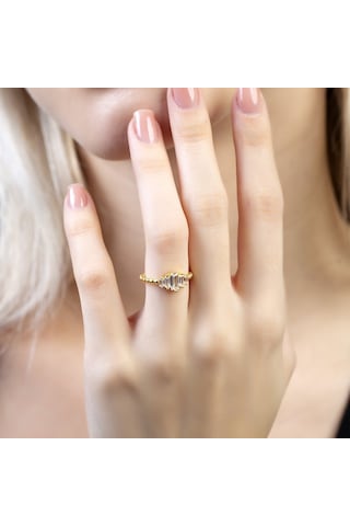 Sıralı Zirkon Taşlı Popcorn Tasarım Gold Renk Free Size 925 Ayar Gümüş Kadın Beştaş Yüzük Gold