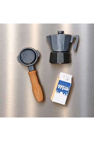 Coffee Lovers 3'lü Kahve Temalı Dekoratif Magnet Seti Moka Pot Portafilter Süt Kutusu