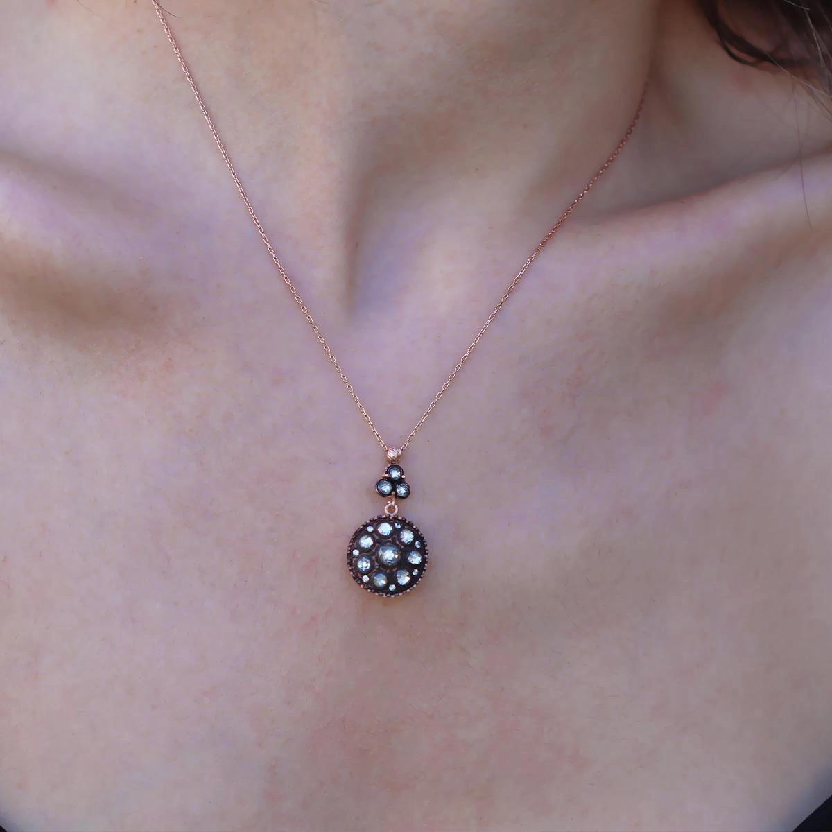 Elmas Montür Yuvarlak Rose Gold Gümüş Kolye Gümüş