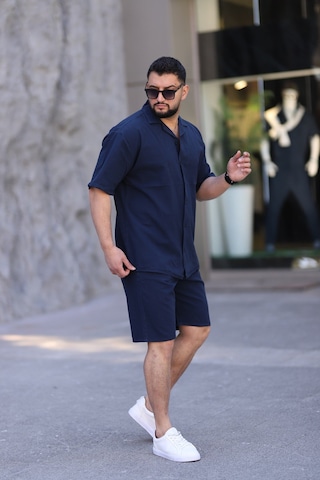 Çağla Yeşili Renk Gömlek Şort Erkek Keten Takım Oversize Kalıp Lacivert