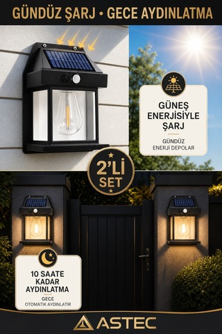 Astec Solar Hareket Sensörlü Duvar Lambası 20w Ip65 Güneş Enerjili Bahçe Apliği Gün Işığı 2 Adet