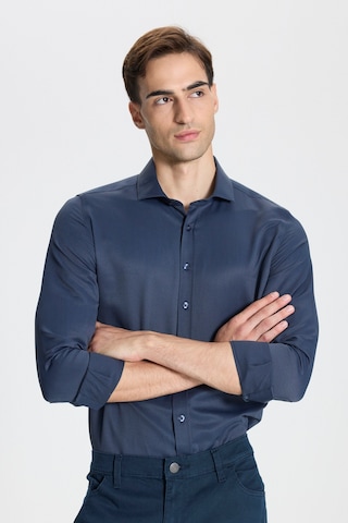 George Henry Pamuklu Oxford Slim Fit Dar Kesim İtalyan Yaka Armürlü Gömlek Lacivert