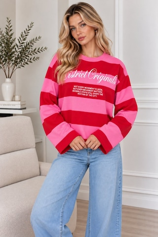 Lima Fuşya Kadın Çizgili Oversize Sweatshirt Bisiklet Yaka Baskılı Uzun Kollu Sweat